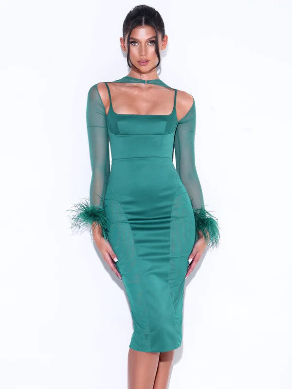 Emerald Satin, Suede & Fur Dress