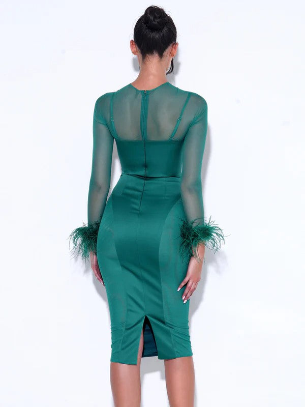 Emerald Satin, Suede & Fur Dress